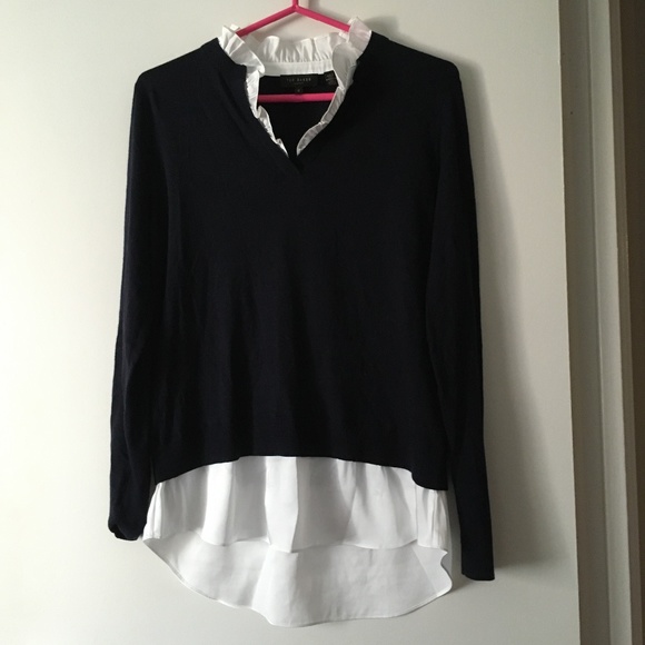 Ted Baker Tops - TED BAKER Black Cashmere Blend Sweater White Cotton Poplin Ruffle/Hem Sz 2 6 US